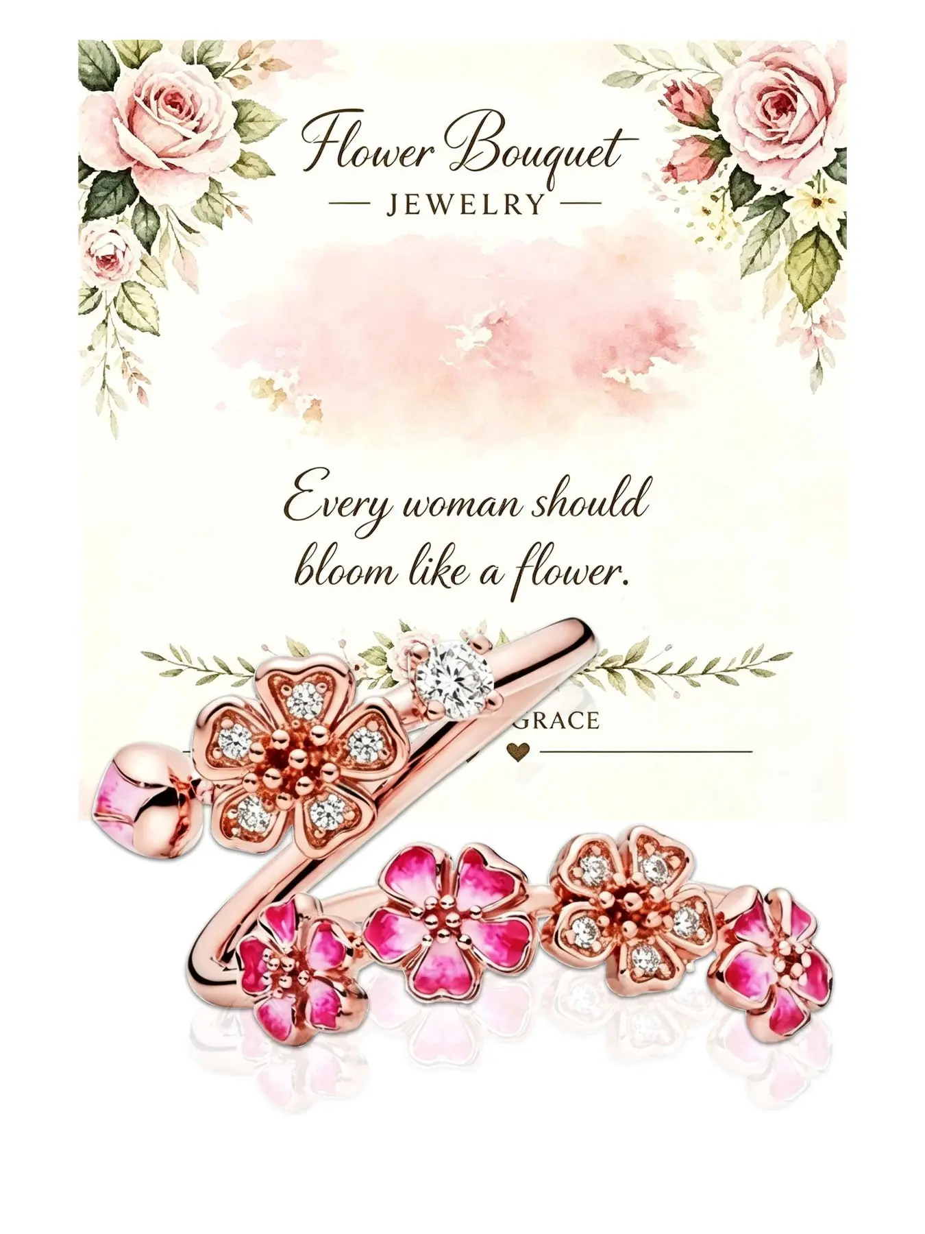 Adjustable Floral Ring with Sparkling Cubic Zircon, Elegant Cherry Blossom Enamel Design, Perfect Gift for Bridesmaids and Special Occasions Flower Ring