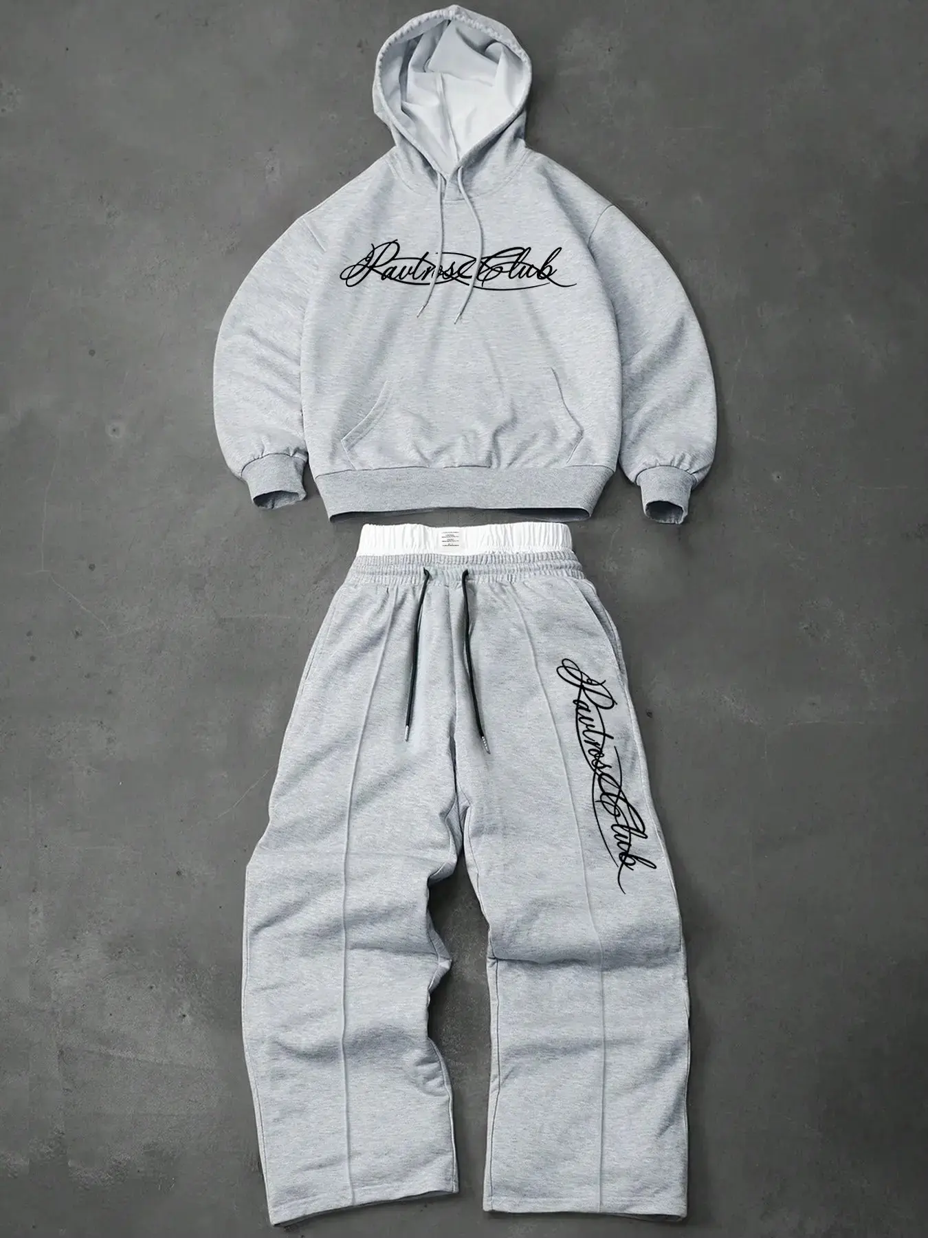 American Style Simple Floral Handwritten Letter Hoodie Set for Men, Loose-Fit Straight Leg Sweatpants Two-Piece Set, Streetwear Suit