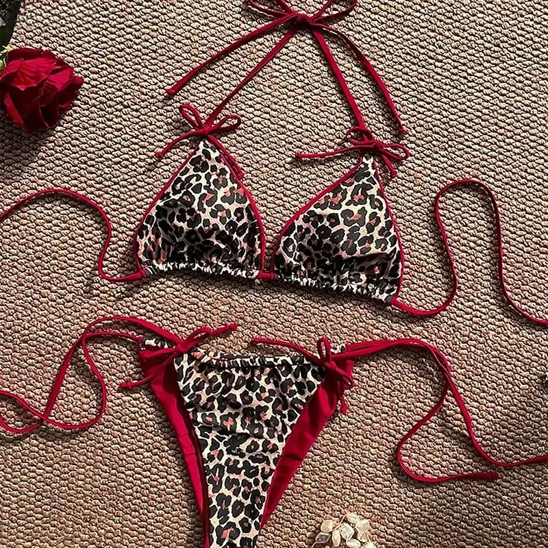 Women's Leopard Print Bikini Set, 2-Piece Halter Triangle Top and Tie-Side Cheeky Bottoms with Red Trim Beachwear Swimsuit, Bikini Set Swimsuit, 2 Piece Sets