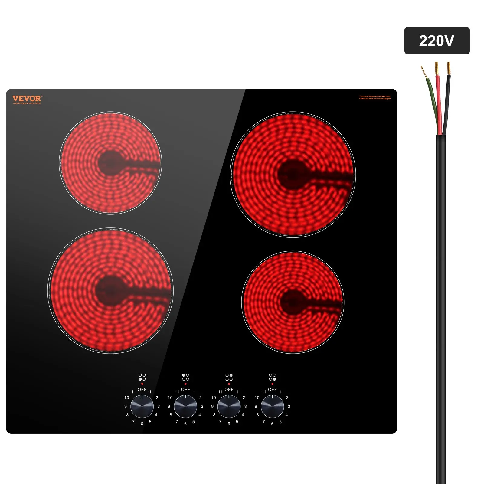 VEVOR Built-in Electric Cooktop, 24-in 4-Burner Built-in Type Stove Top, 6000W Power Glass Top Radiant Cooktop, Knob Control, 11 Heat Levels, 220-240V, Hardwired (No Plug), Residual Heat Functionality