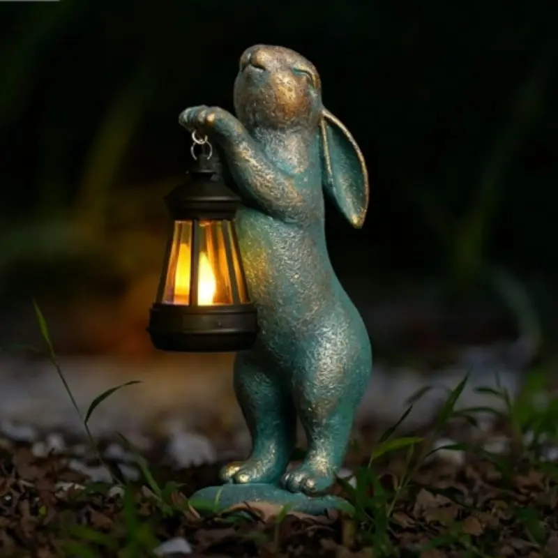 Outdoor Easter Bunny Statue Lamp, Cute Long Eared Rabbit Figurine, Garden Path Table Decor, Spring and Holiday Gift Choice