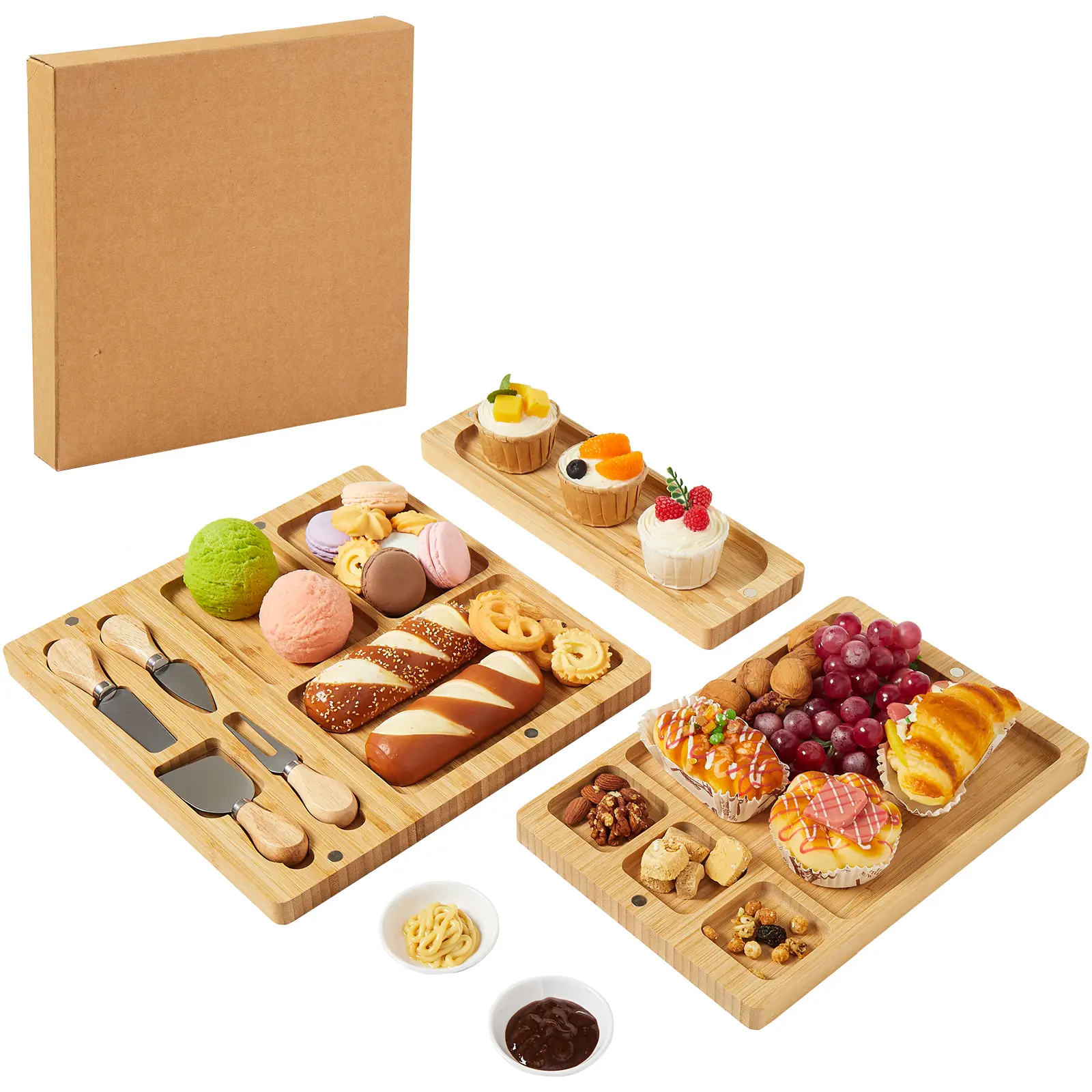 Set of 3 Rectangular Wooden Mini Charcuterie Boards, Small Wood Serving Platters with Matching Knives and Forks, Multi-Purpose Cheese Tray for Snacks, Desserts & Party Food, Ideal Housewarming Gift