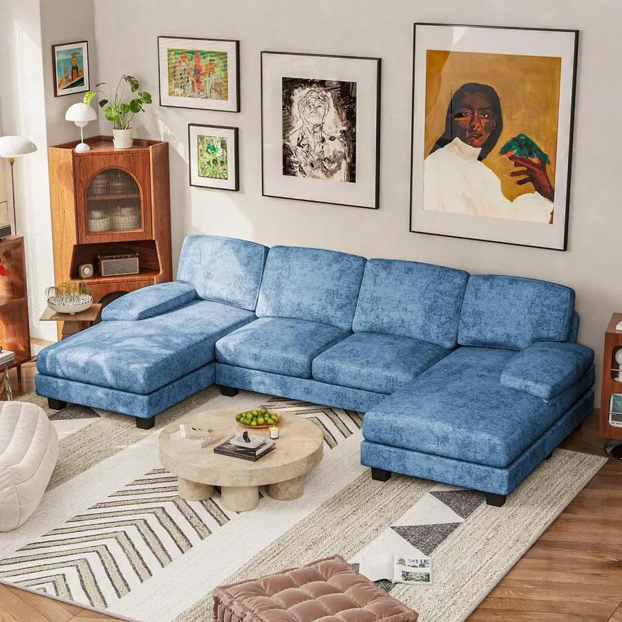 Flamaker Sectional Sofa Couches Living Room, U-Shaped Modular Sectional Sofa With Chenille, 6-Seater Sofa Comfy Couch With  Double Chaise