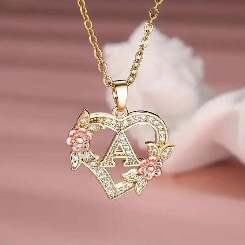 1pc A-Z Letter Love Heart Necklace Elegant zirconia Rose Golden Necklace Valentine'S Day Gift Trendy Jewelry For Women GM-954 summerwins