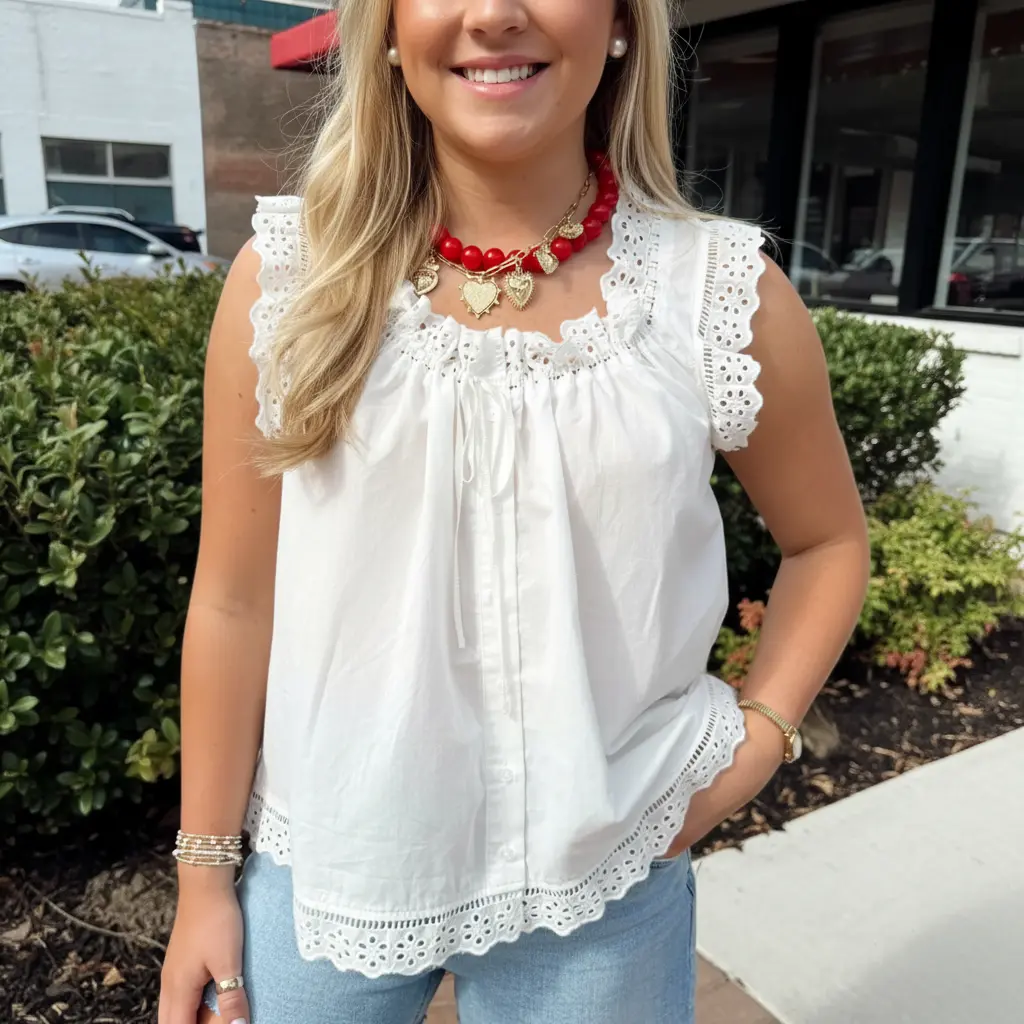 Women Eyelet Lace Sleeveless Blouse, Square Neck Drawstring Front Button Down Loose Summer Tank Top