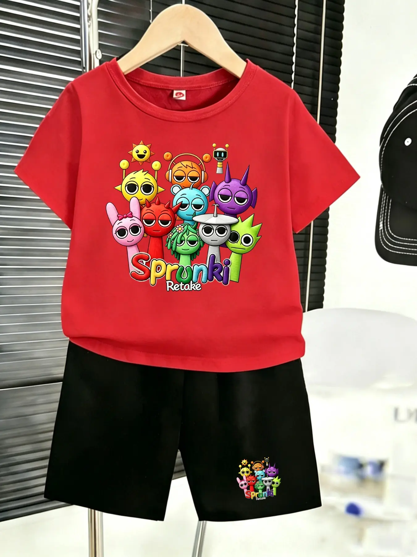 Hot Sale Sprunki Retake All Characters Boys 2Pcs Outfit Black T-shirt Shorts Set Kids Teen Summer Cool Suit Birthday Gift