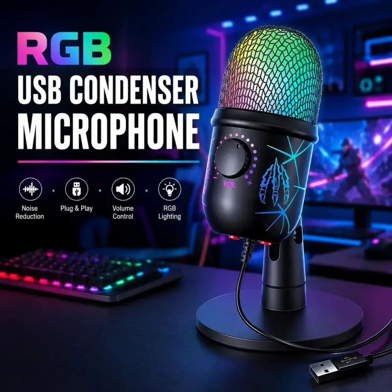 Game Microphone with Noise Reduction, USB Computer Mic with LED Light, Plug and Play, Compatible with PC, Phone, MAC, Ps4/5, Condenser Mic for Recording, Youtube, Live Streaming, Podcast Mic