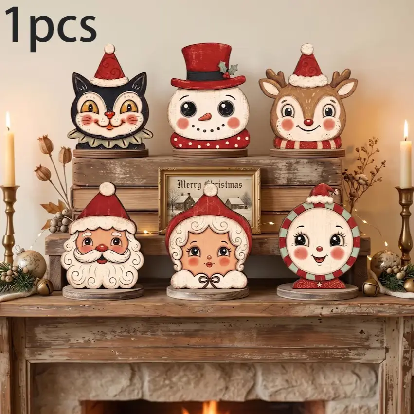 Vintage Retro Christmas Desktop Decorations, Cute Santa Claus, Snowman, Reindeer, Cat, Holiday Fireplace Shelf, Home Party Decoration