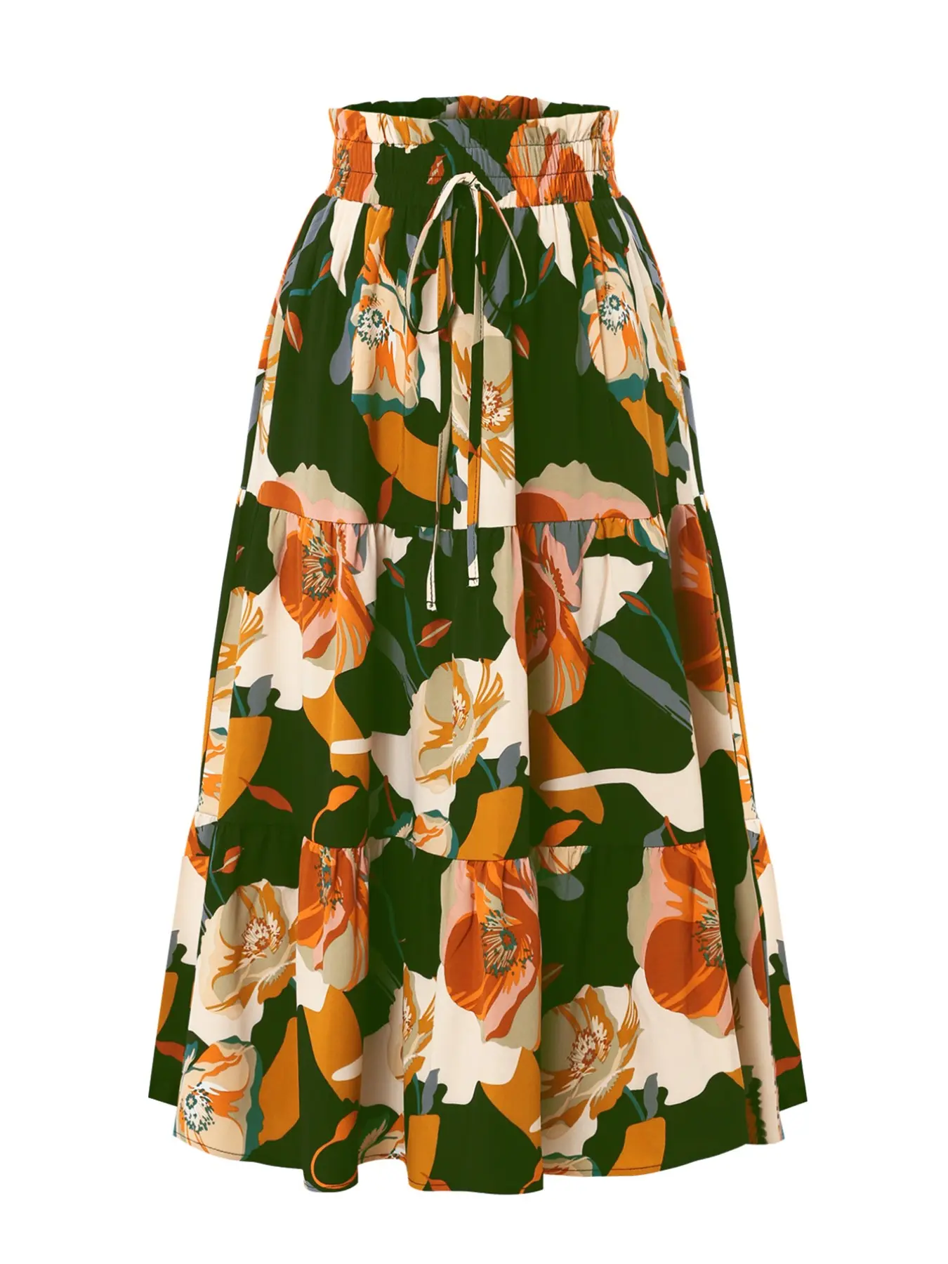 Women's Floral Print Skirt, Fake Drawstring, Pleated, Elastic Waist, Ruffle Hem, A-Line Skirts, Bottoms, All Seasons, Ladies Clothes, Feminine
