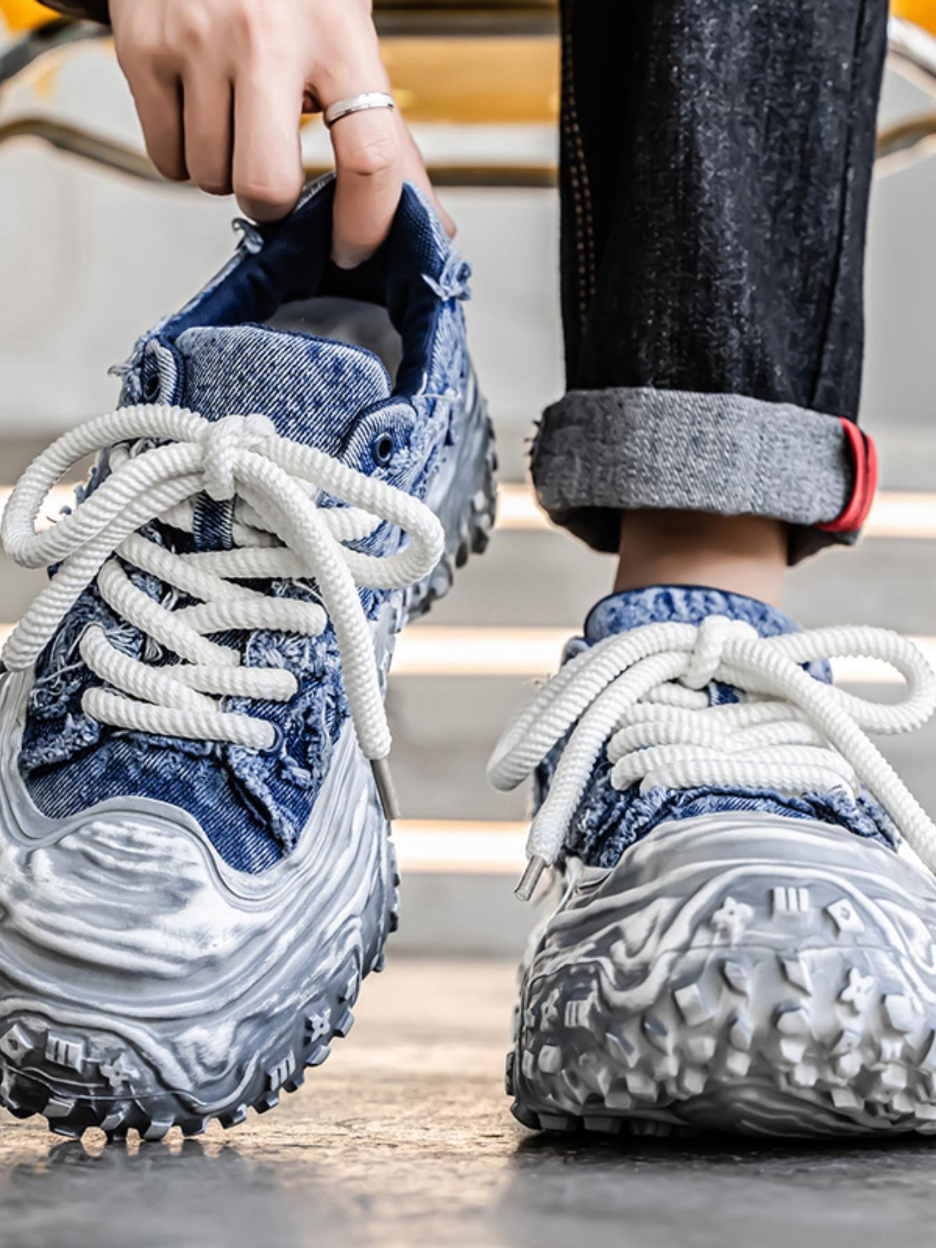 Men's Distressed Denim Chunky Platform Sneakers, Frayed Retro Streetwear Shoes, Avant-Garde Footwear for American Fashion Lovers
