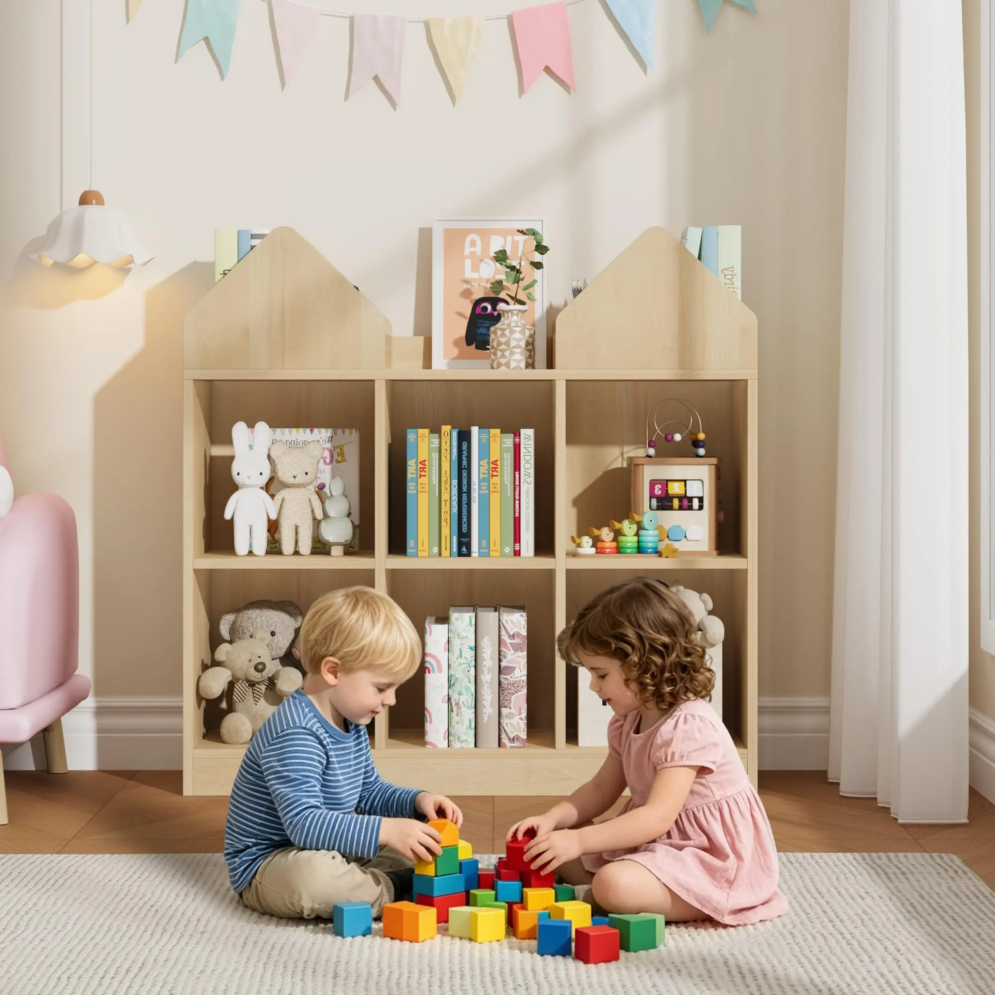 Castle Bookshelf & Toy Organizer – 4 Racks & 6 Cubbies – Floor Standing Storage for Playroom, Nursery, Daycare
