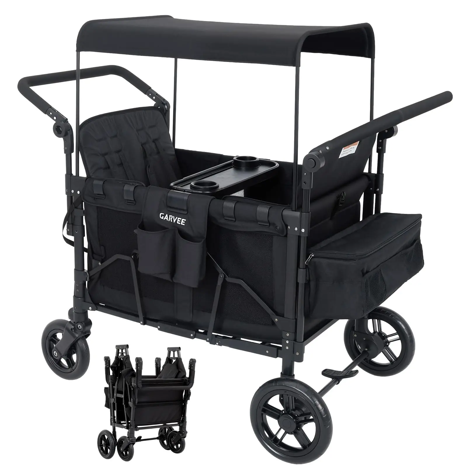 4 Seater Wagon Stroller - Premium All-Terrain Wagon for Kids with Snack Tray, Removable Canopy, Adjustable Push/Pull Handle & Fold, Black