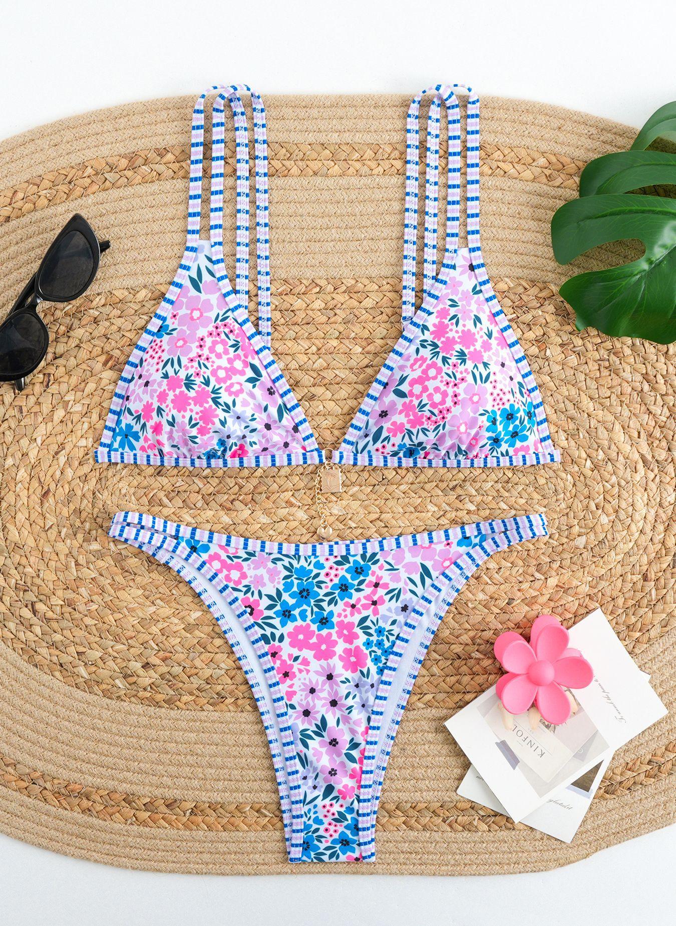 Women's Floral Print Bikini Set, Flower Print Bikini, Casual Fashion Chic Swimsuit Set for Beach Holiday Vacation, Ladies Swimwear for All Seasons