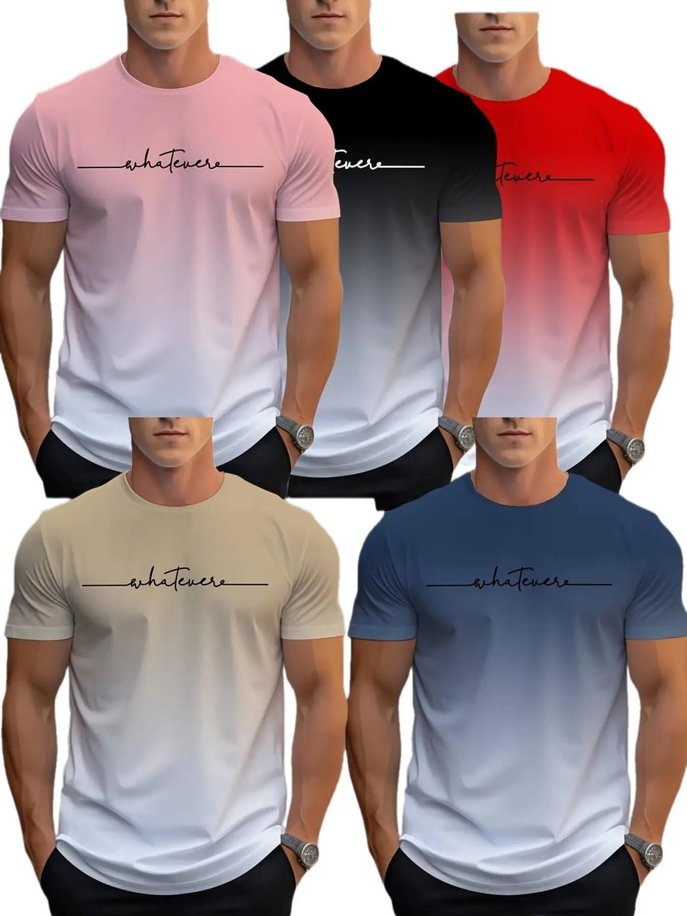 5-Pack Men's Gradient Short Sleeve T-Shirts, Casual Loose-Fit Long Tee, All-Over Print, Comfortable Summer Wear, Multi-Scene Apparel