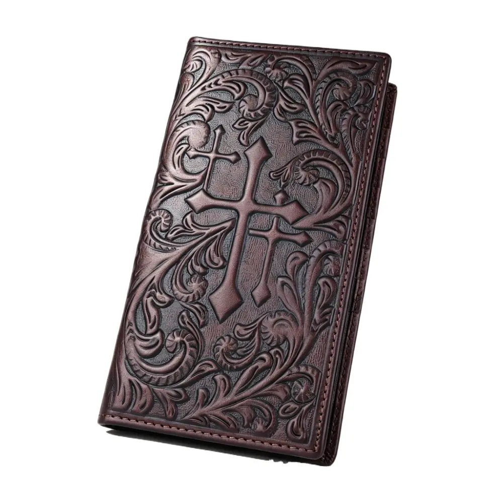 Men's Genuine Western Cowhide Wallet - Floral Embossed Cross Slim Long Bifold Checkbook Credit Card Organizer with Multi Card Slots, Ideal Gift for Men, Flap Wallet, Mens Wallet
