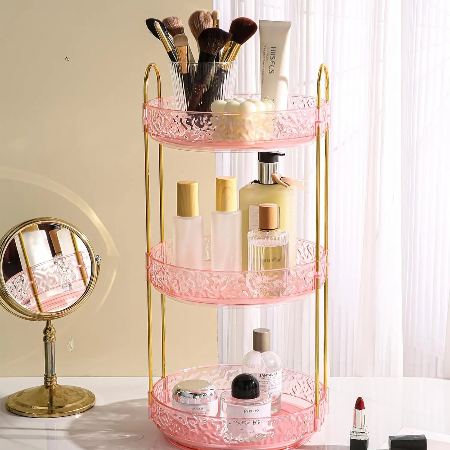 3-Tier Pink Rotating Makeup Organizer - 360-Degree Spinning Plastic Transparent Metal Countertop Storage Container for Vanity, Bathroom Dresser, Kitchen
