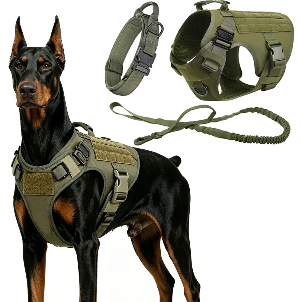 Tactical Dog Harness (includes dog harness, collar, and leash), Adjustable Dog Chest Harness, Service Dog Harness, with control handle, for medium to large breeds for Dobermans, German Shepherds