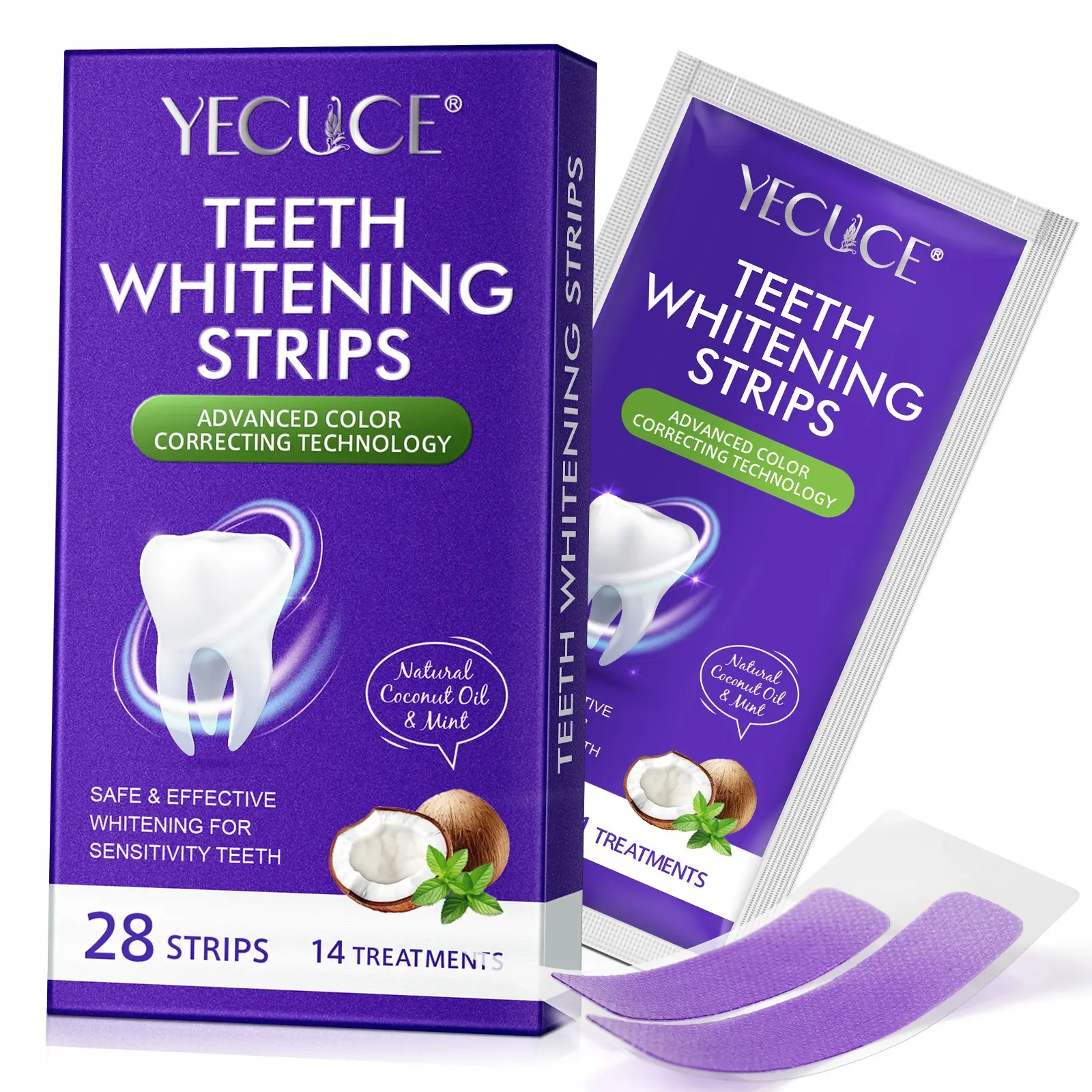 YECUCE 28 Teeth Whitening Strips (14 Applications), Purple Tone-Correcting Gel Technology | Whitening Kit for Sensitive Teeth | Protects Enamel, Peroxide-Free, Helps You Achieve a Brighter Smile