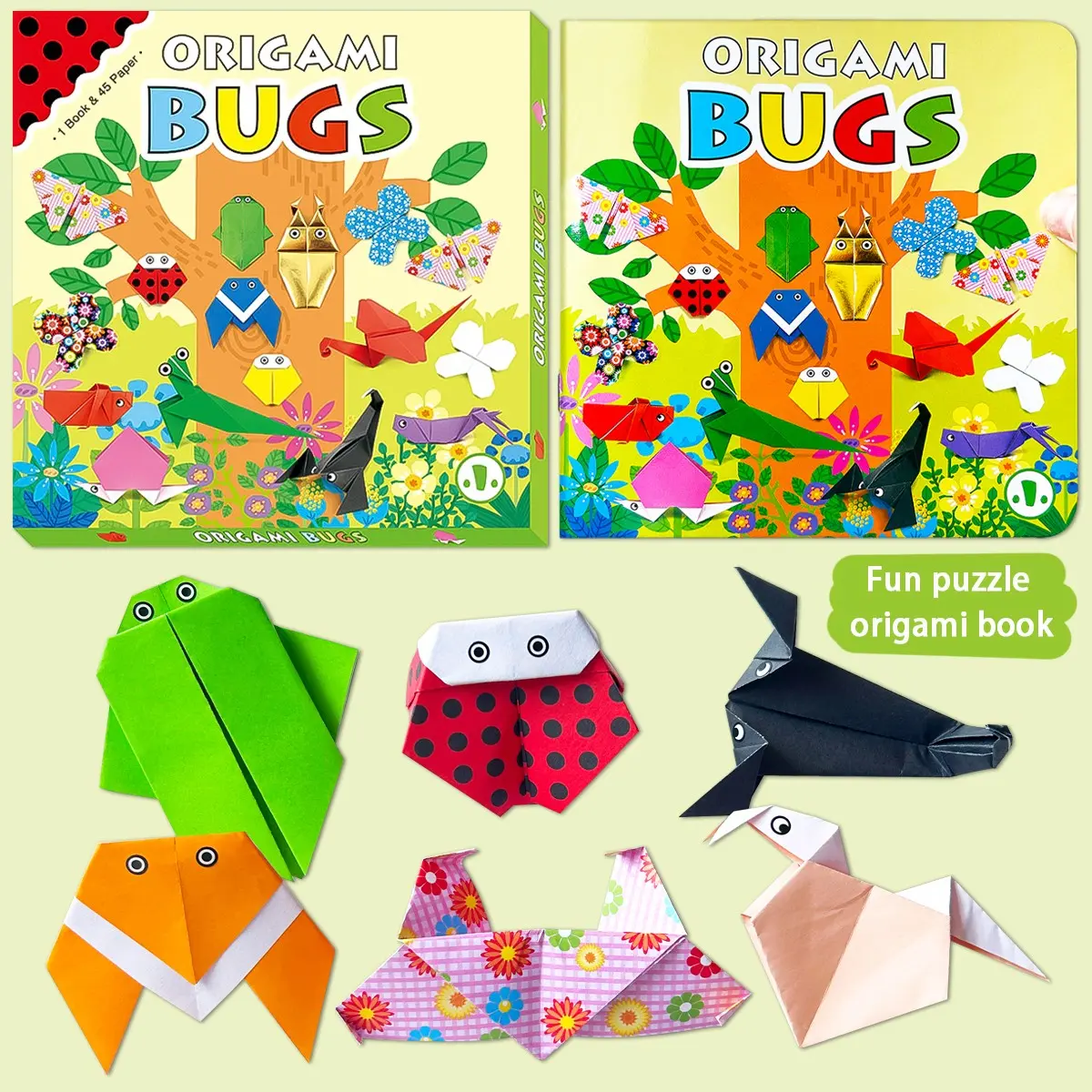 Insect Theme Origami Tutorial Book, Thick Hard Cover, Full Color Printing, Safe Rounded Edges, Eco-Friendly, 45 Sheets, Creative Learning Gift
