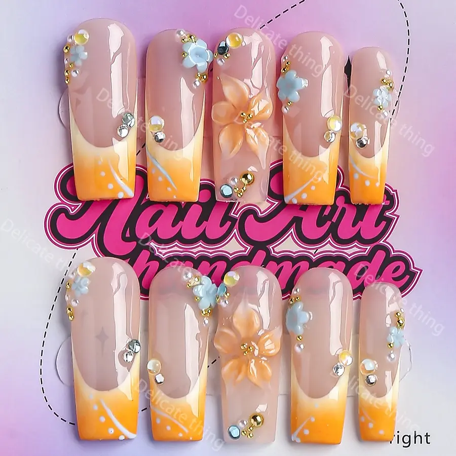 3.0 Length Coffin Nails, 10pcs Y2K Style Press-On Nails, Handmade, XS-S-M-L Sizes, Perfect for Parties, Includes Jelly Glue, Crystal Stick, File