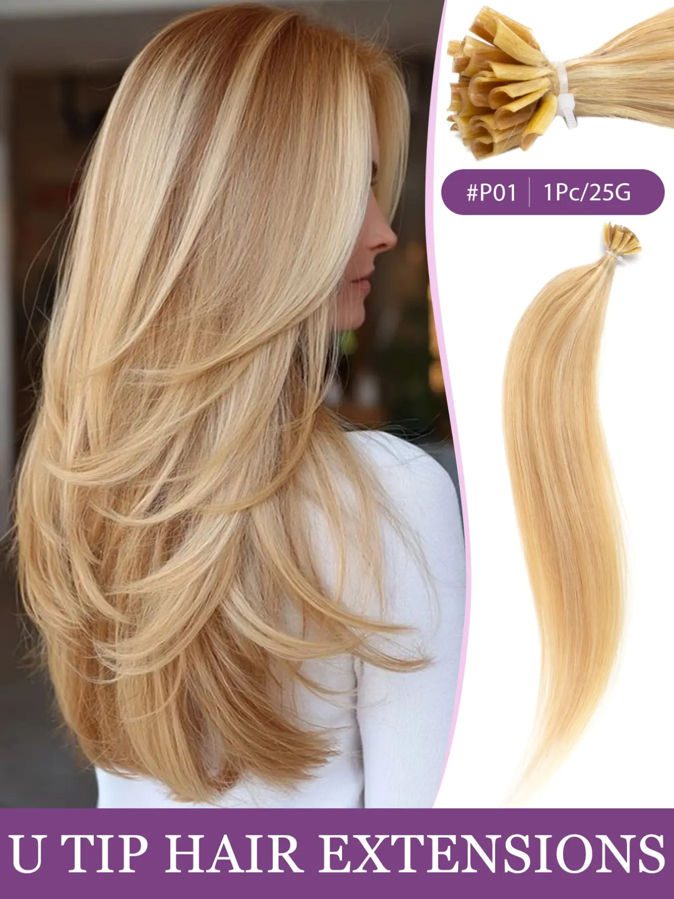 U Tip Real Human Hair Extensions for Women, 16-22 Inch Straight Pre-Bonded Keratin Hair Extensions, 25g/Pack, Perfect for Daily, Party & Wedding Hairstyles
