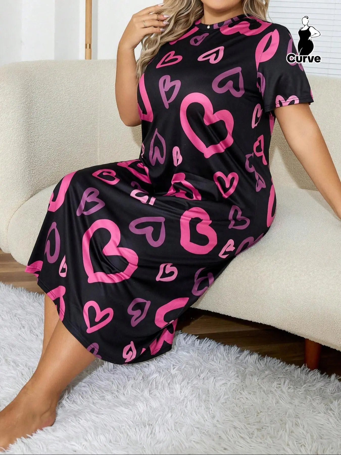 [Plus Size] All Over Heart Print Round Neck Nightdress, Casual Loose Soft Comfortable Short Sleeve Printed Nightgown for Women, Women's Sleepwear Loungewear for All Seasons
