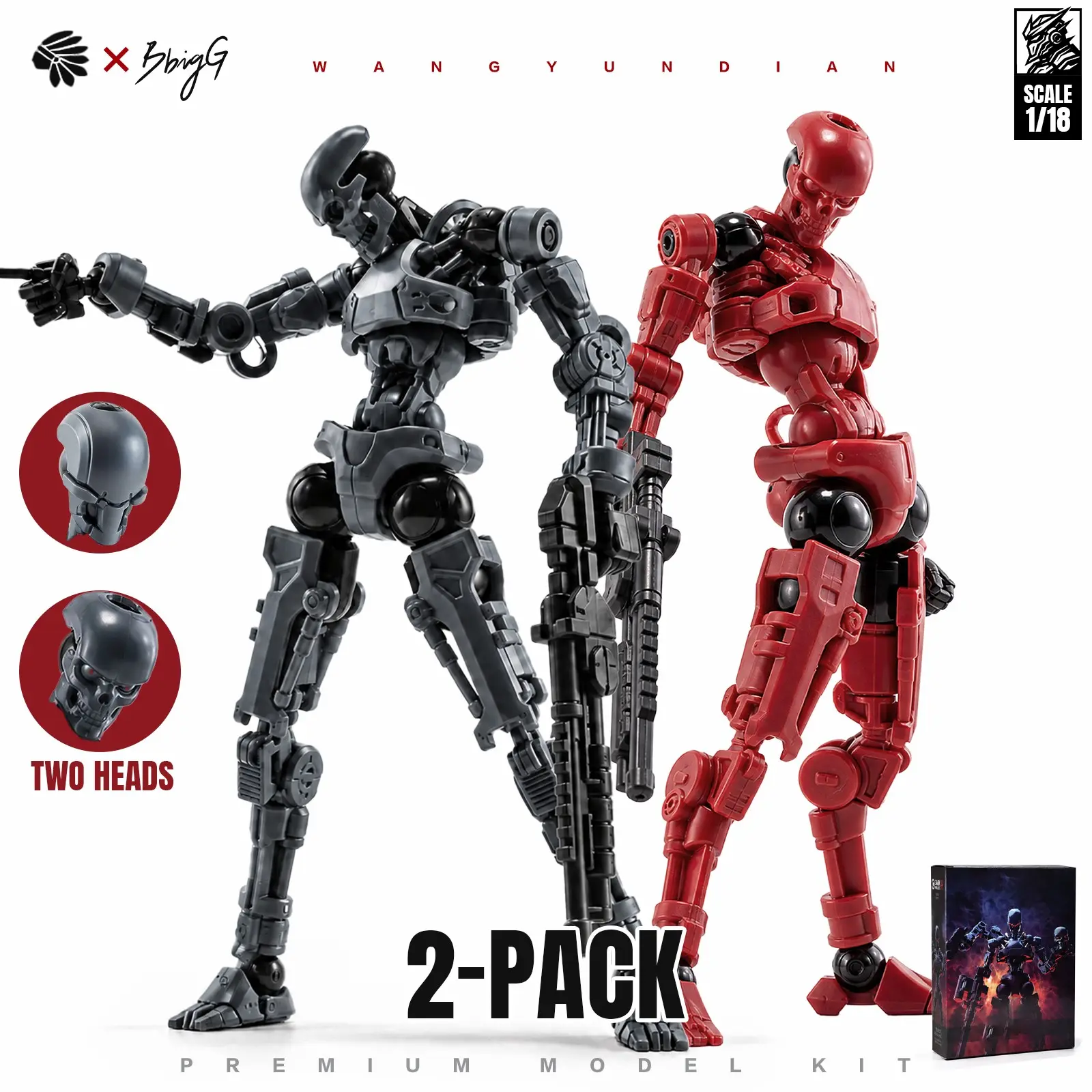 2-Pack 1/18 Scale Sci-Fi Mecha Build Model, High-Mobility Robot Kit, Stress Relief Toy, Interchangeable Head Sculptures, Modular Arms, Display Base, Model Building Kits