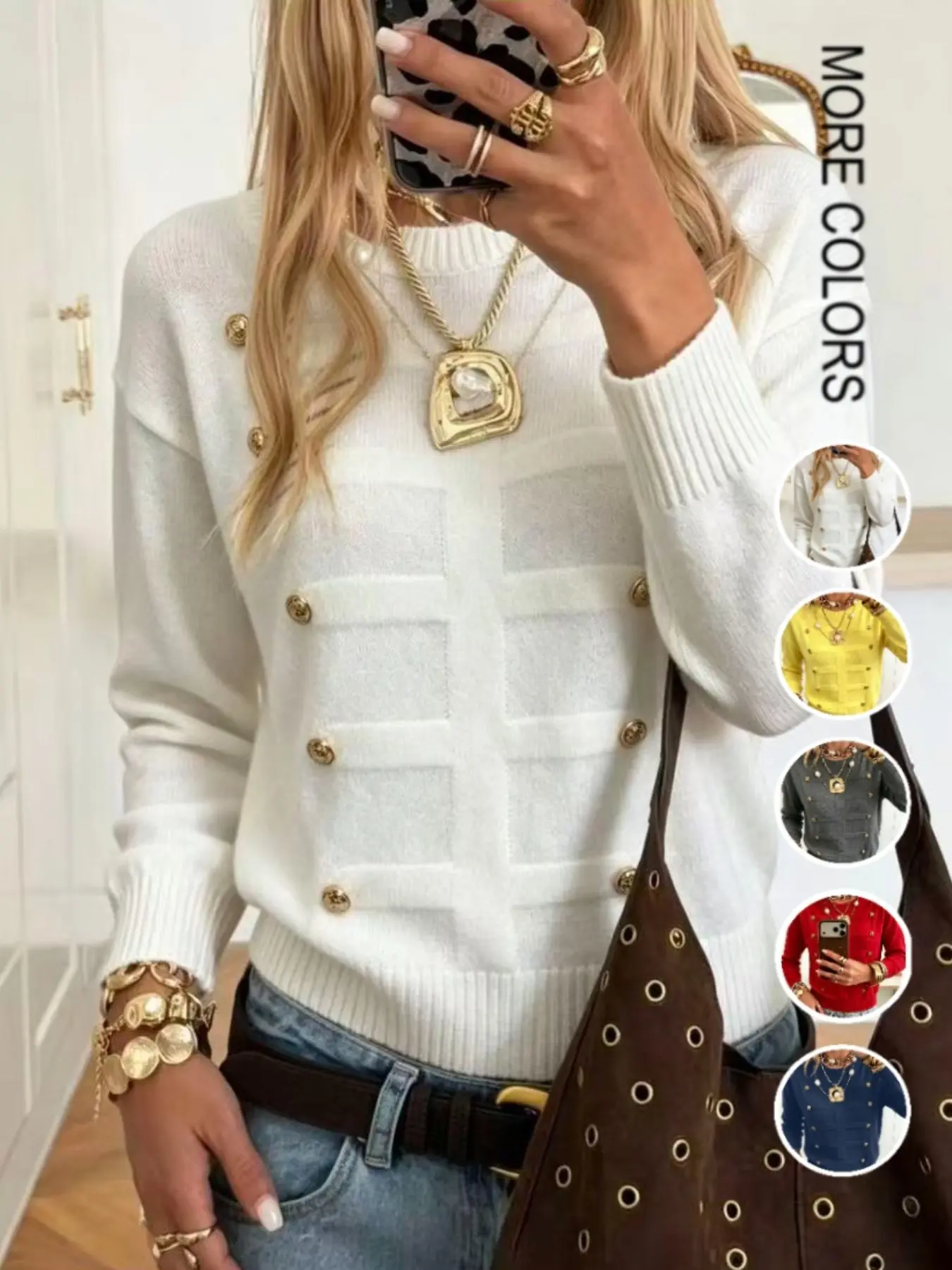 Women's Knit Sweater, Round Neck Long Sleeve, Loose Fit, Daily Wear Knitwear, Fall Winter New Arrival, Elegant Chic Style, Casual, Soft Comfortable Slimming Fashion Pullover