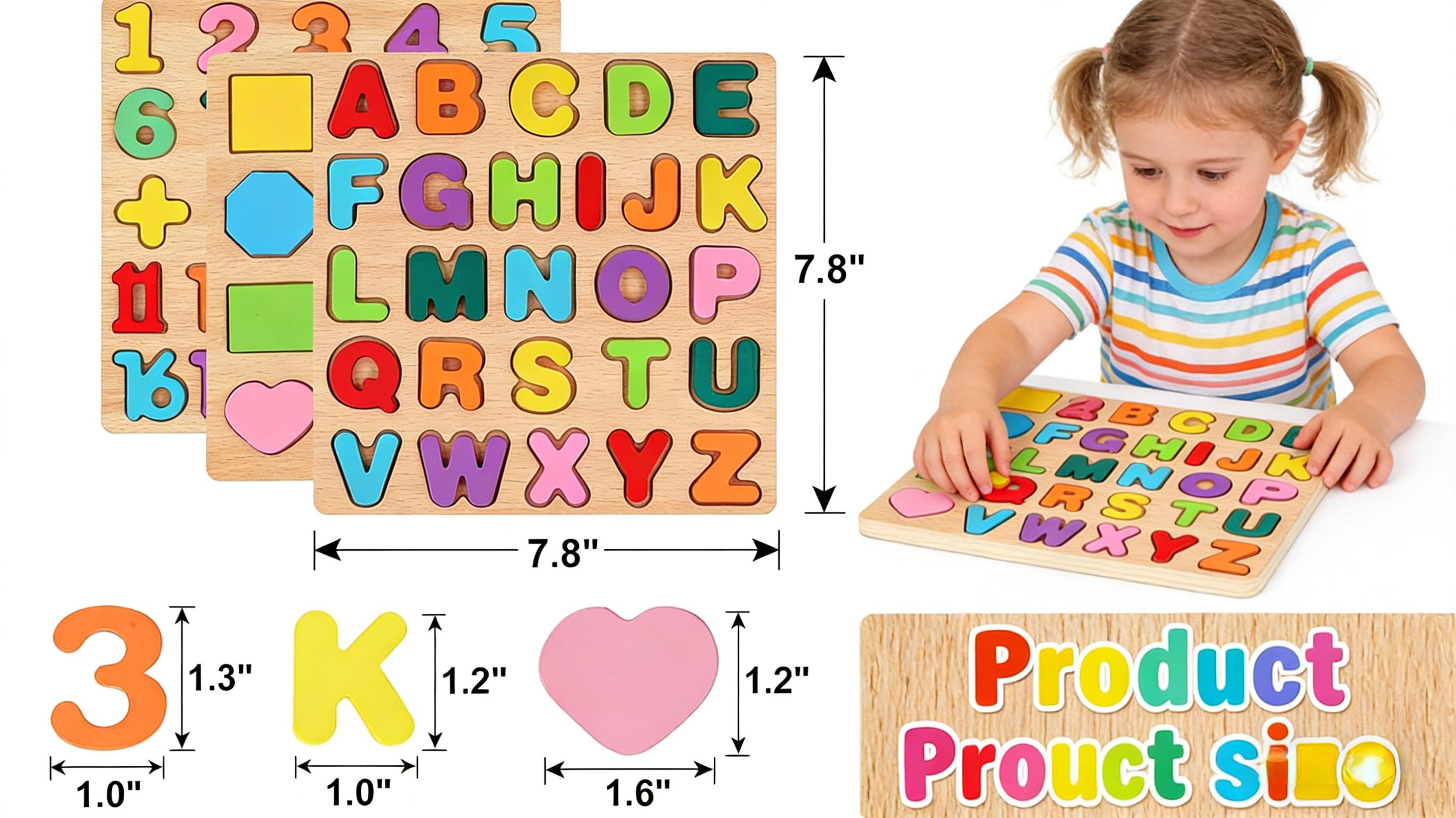 Wooden Puzzles for Toddlers,3 Pcs Alphabet Puzzle ABC Shape Number Puzzle(Alphabet, Number & Shape), Learning Toys for Kids, Preschool Educational Activities Toddler Gift Toys for Girls Boys Christmas Valentines Easter