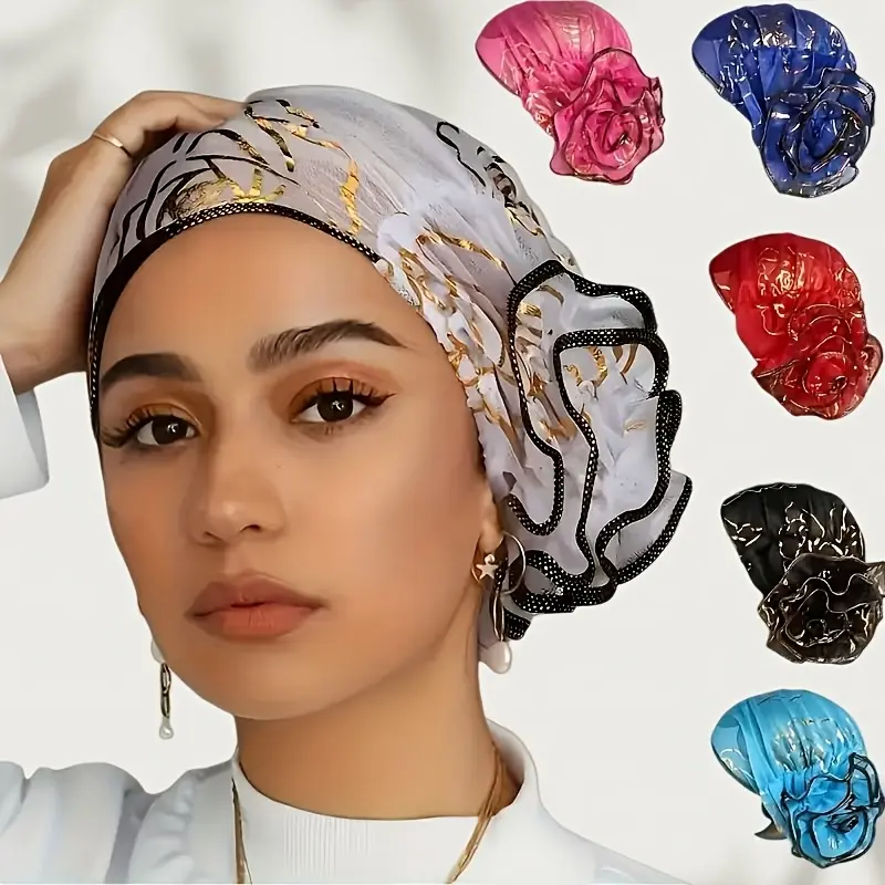 Women's 5-Piece Adjustable Turban Wrap & Boho Floral Lace Headscarf Cap Set - Ruffled Stretchy Elastic Fabric All-Season Chemo Head Wraps, Boho Floral Scarves, Stretchy Fabric, Scarf Style, Ruffled Edge, Stretch Elastic, Casual, Scarf For Hair