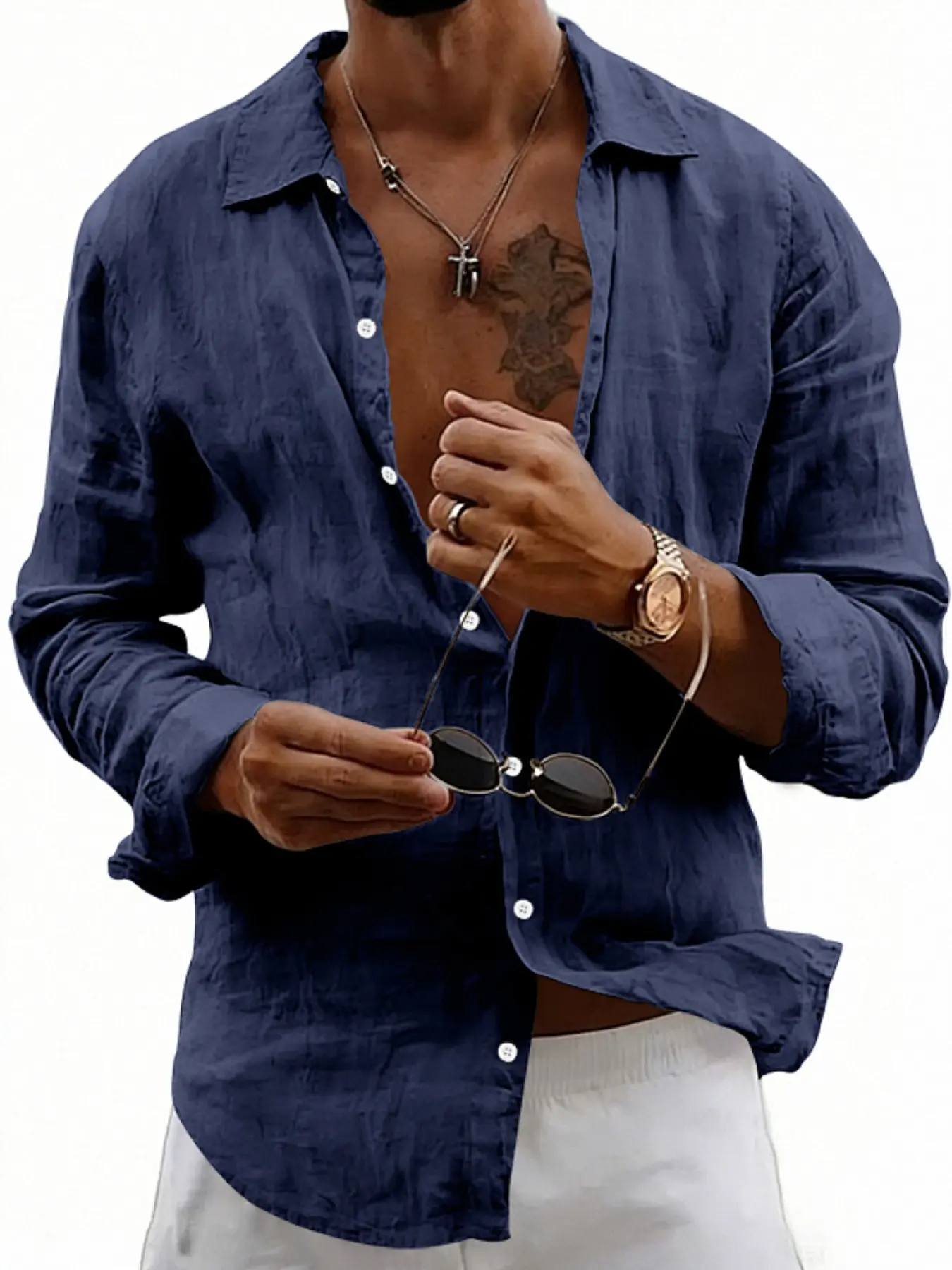 Men's Textured Wrinkled Linen Collared Long Sleeve Shirt, Beach Club Shirt, Thin Breathable Sun Protection Shirt for Spring & Summer, Solid Color Loose Button-Up Top, Versatile Wear for Beach Vacation/Commute Shopping/Home Casual, 8 Colors
