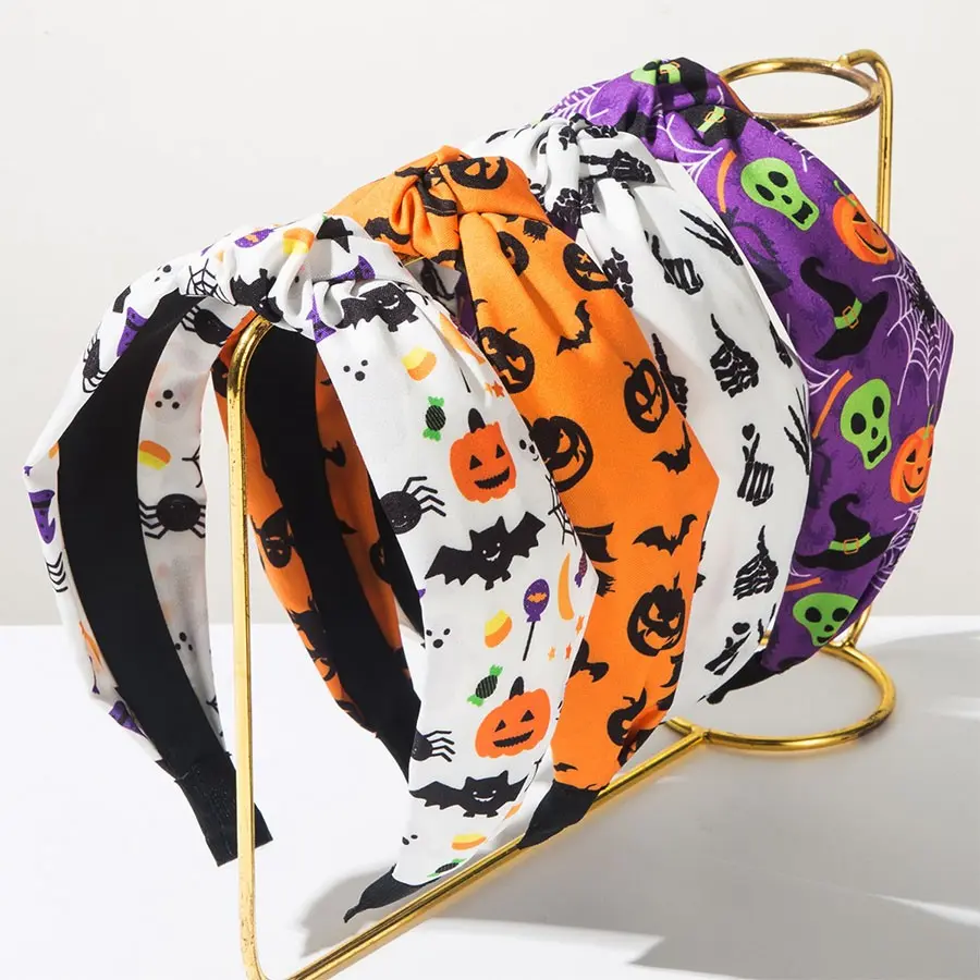 4Pcs Halloween Printed Headbands, Skull Pumpkin Spider Wide Fabric Headband Cosplay Party Hair Accessories