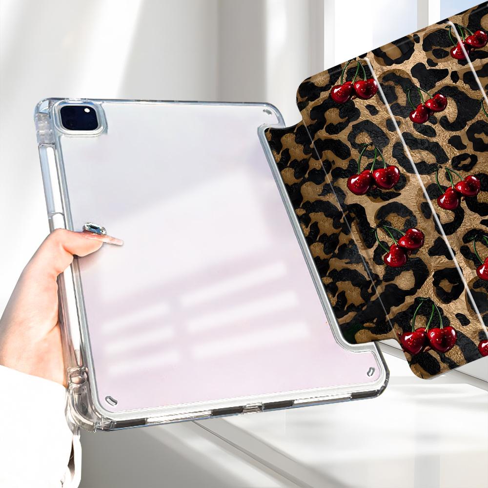 Personalized Leopard and Cherry Pattern Four-Corner Shockproof Tablet Case with Pen Slot, Foldable,Suitable for iPad Mini, Air, Pro 4,5,6,7(2017,2018,2019,2020,2021,2022,2023,2024,2025 models),and Samsung S6,7,8,9,10FE + A7 LTE tablet cases
