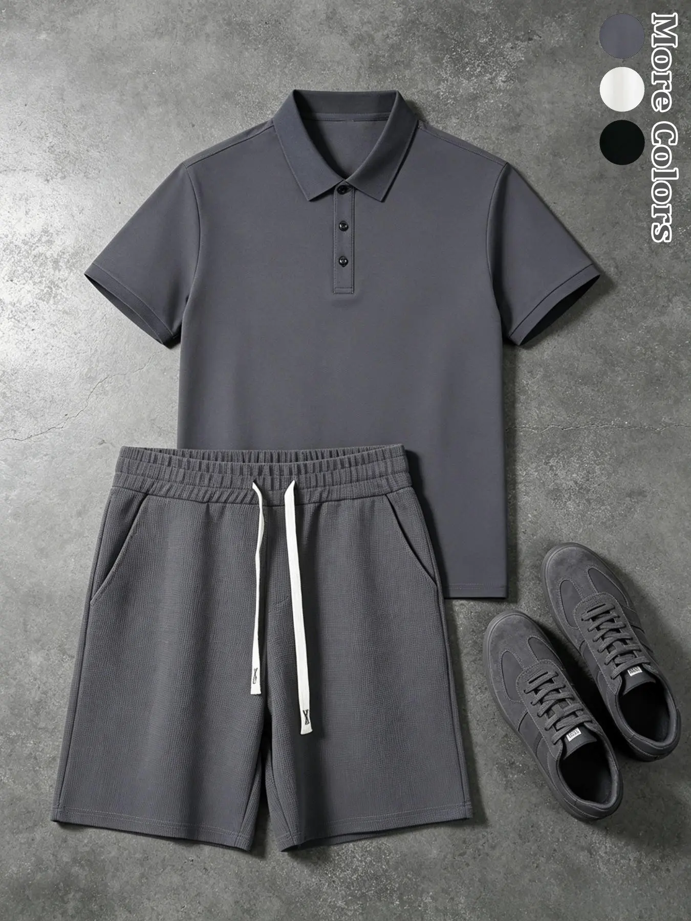 Men's Summer Two-Piece Set, Solid Color Collared Short Sleeve Polo Shirt + Waffle Drawstring Waist Shorts, Breathable Casual Golf Beach
