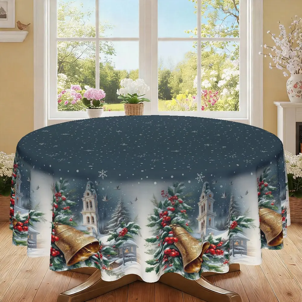 Christmas Bell Snow House Star Night Print Round Tablecloth, Furniture Protector, Party Decor, Hotel Restaurant Home Use