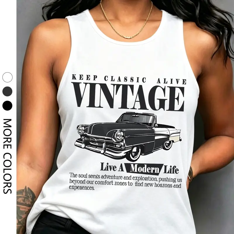 Women's Casual Fashion Sleeveless Loose Fit Vest Tops, Car Letter Print, Soft Comfortable Home Outdoor Wear, Relaxed Style, Perfect for Daily Use