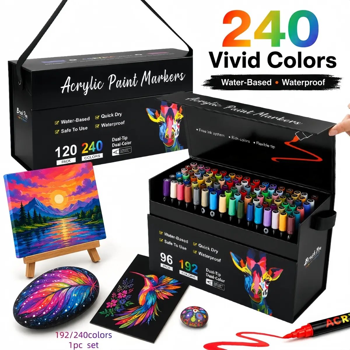 192/240 Colors Acrylic Paint Markers Set, Vibrant Brush Tip Pens for Rock, Wood, Fabric, Canvas & Glass, DIY Craft Supplies for Artists & Beginners