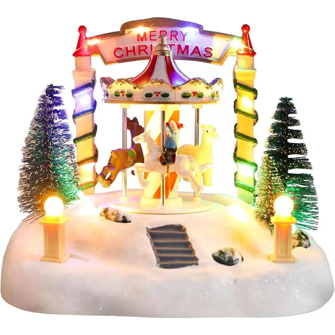Bdor Lighted Musical Christmas Carousel Tabletop Decoration, Merry-Go-Round with Reindeer & Trees, Battery Operated 7.5"x5.5"x6" Holiday Centerpiece with LED Lights & Music