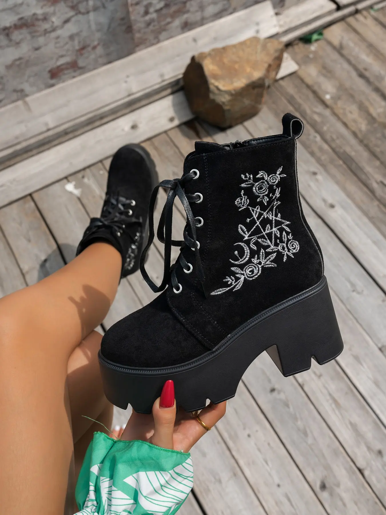 Fashion Punk Gothic Women Chunky Platform Boots, Mystic Moon Rose Embroidery, Lace-Up Side Zipper, Dark Witchy Aesthetic, Streetwear Cosplay