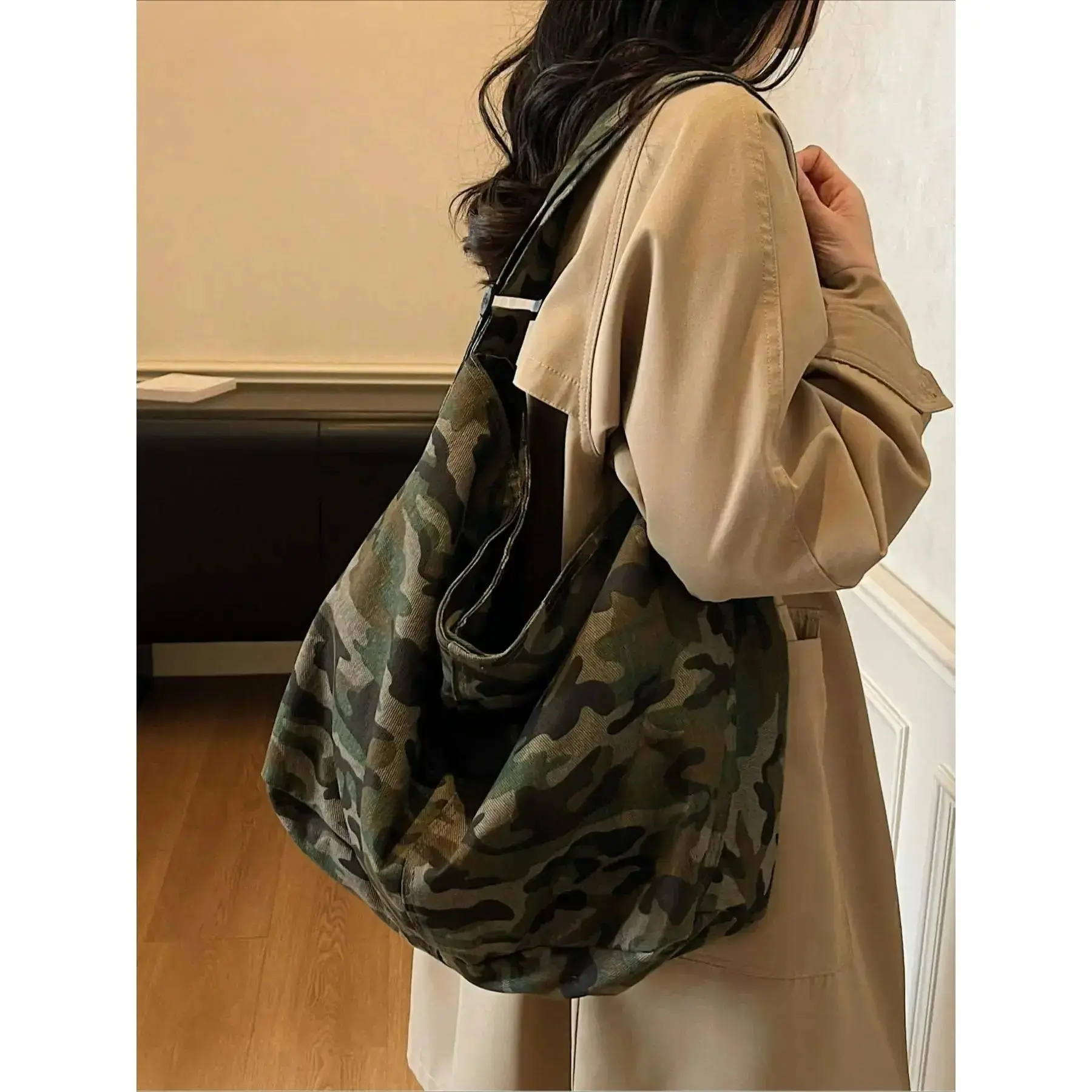 Vintage Camo Print Canvas Backpack - Unisex, Crossbody/Shoulder Design, Generous Space, Long-Lasting Quality for School, Travel, Daily Use