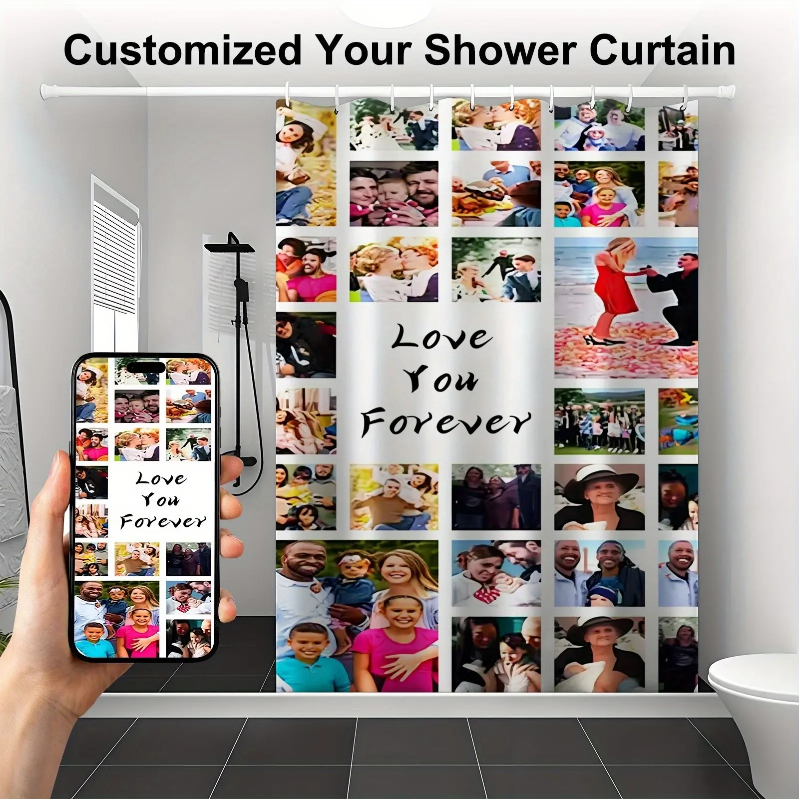 Personalized Photo Shower Curtain- Family Photo Bathroom Decoration, Use Your Own Photos, Eyelets on Top, Easy Installation, Multiple Sizes Available(90x180/120x180/150x180/180x 180cm)- Durable, Suitable Weddings, Photo Display
