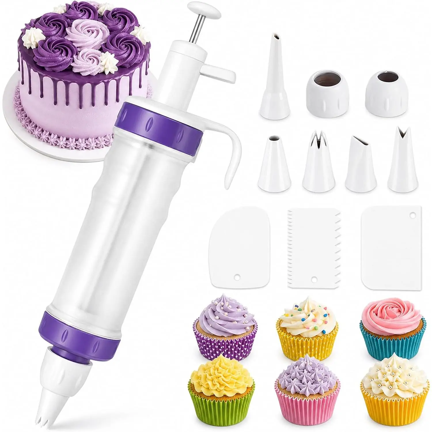 Frosting Piping Kit with  Dispenser, 7 Nozzles, 3 Cake Scrapers | Icing Dispenser Tool Cake Decorating Kit for Cupcakes, Cookies, Dessert Filling and Deviled Eggs