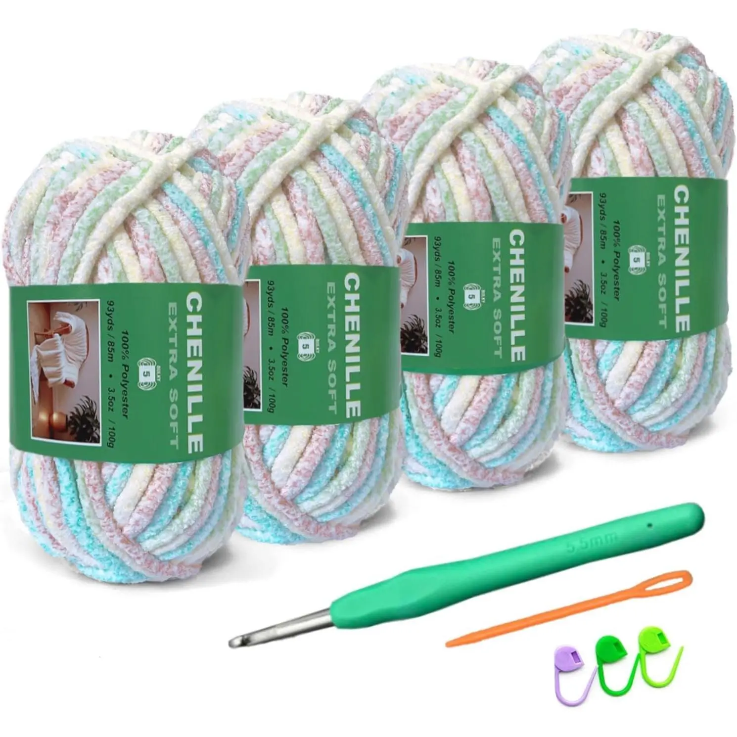 4-Pack Super Soft Chenille  Yarn for Crocheting, Medium to Bulky (#4-#5), Multicolor Chenille Yarn for Blanket Making,Plushies and Beginner Knitting Crafts (Light Mix)
