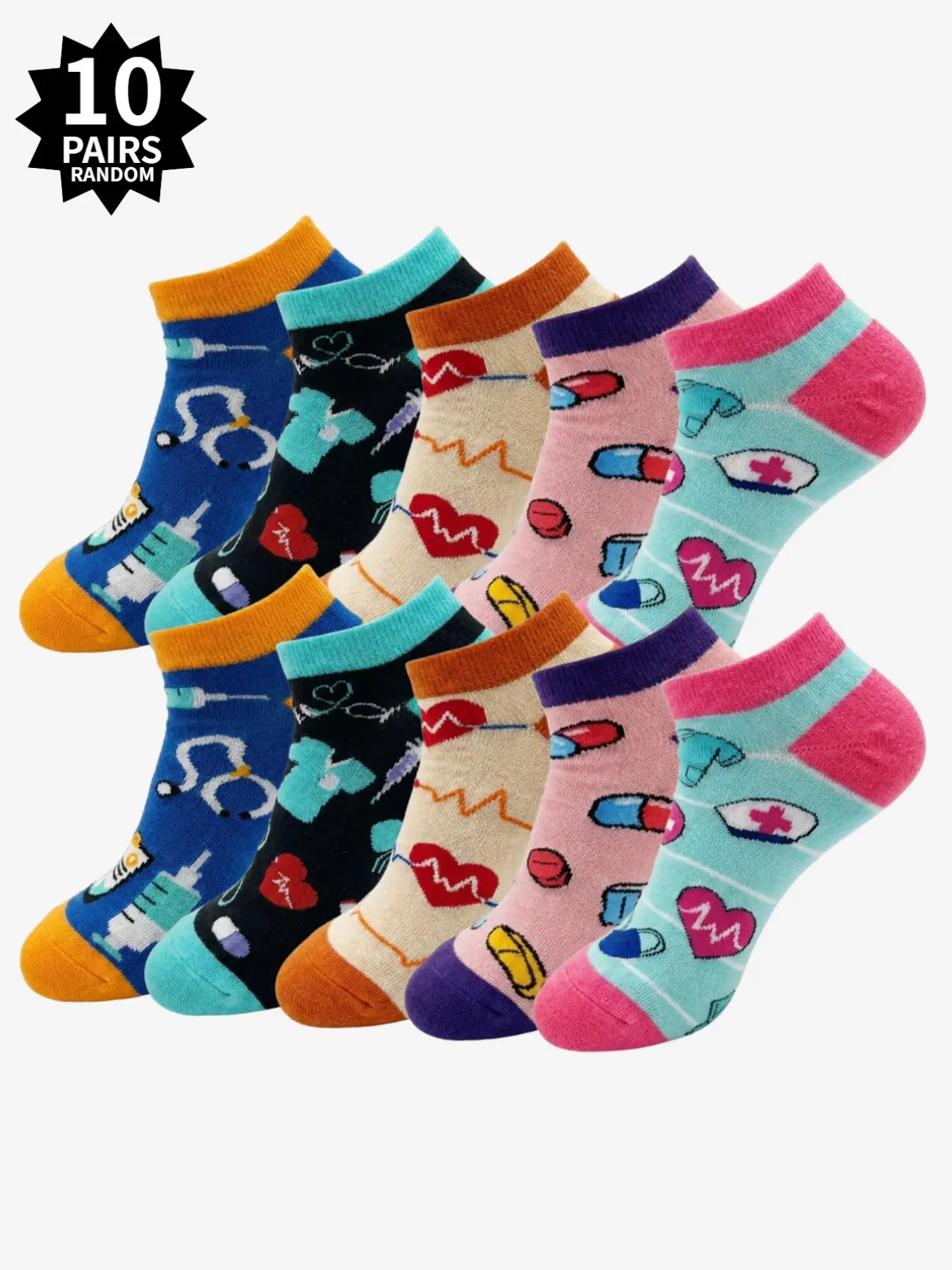 10-Pair Set of Cute Nurse Socks: Fun Medical-Themed Novelty Socks, Ankle Socks, Casual Socks—Gift Socks for Women Working as Nurses or Doctors