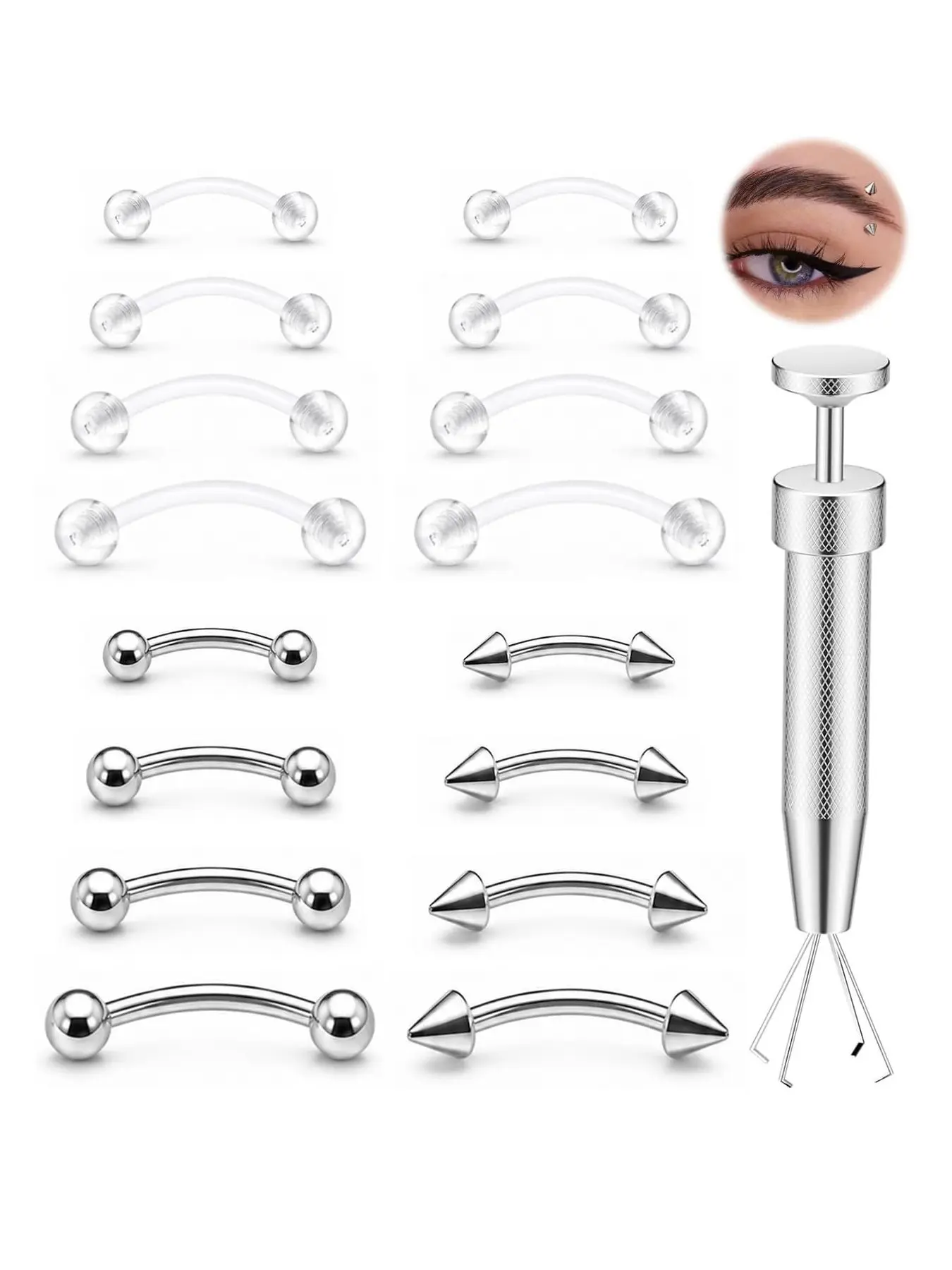 16G Eyebrow Piercing Jewelry Set with Tool, Body Piercing Jewelry, Surgical Stainless Steel, Clear Retainers, Ball & Spike Ends, 6/8/10/12mm, Eyebrow Rings for Rook Daith Helix Lip Vertical Labret for Women Men