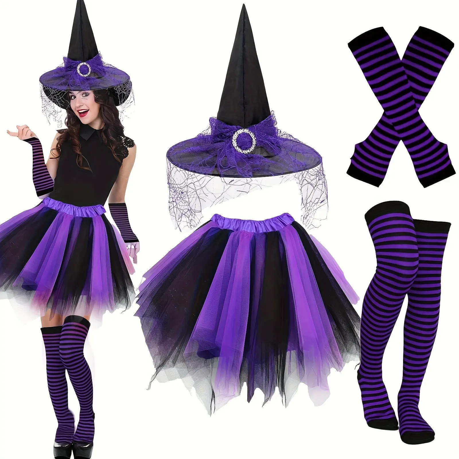 Women's Gothic Witch Costume Set, Includes Striped Over-The-Knee Socks and Tutu Skirt, Elegant Layered Design, Halloween Party Wear
