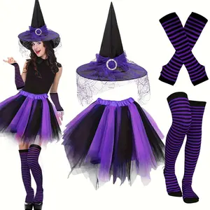 Women's Gothic Witch Costume Set, Includes Striped Over-The-Knee Socks and Tutu Skirt, Elegant Layered Design, Halloween Party Wear