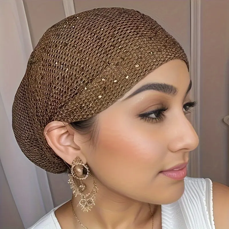 1pc Elegant Solid Color Knitted Polyester Women's Hair Bonnet with Drawstring - Stretchable, Soft, Breathable, Lightweight Cap with Rhinestone Decoration, Urban Easter Theme, No Feathers, Non-Electric, Elastic Hair Bonnets for Women