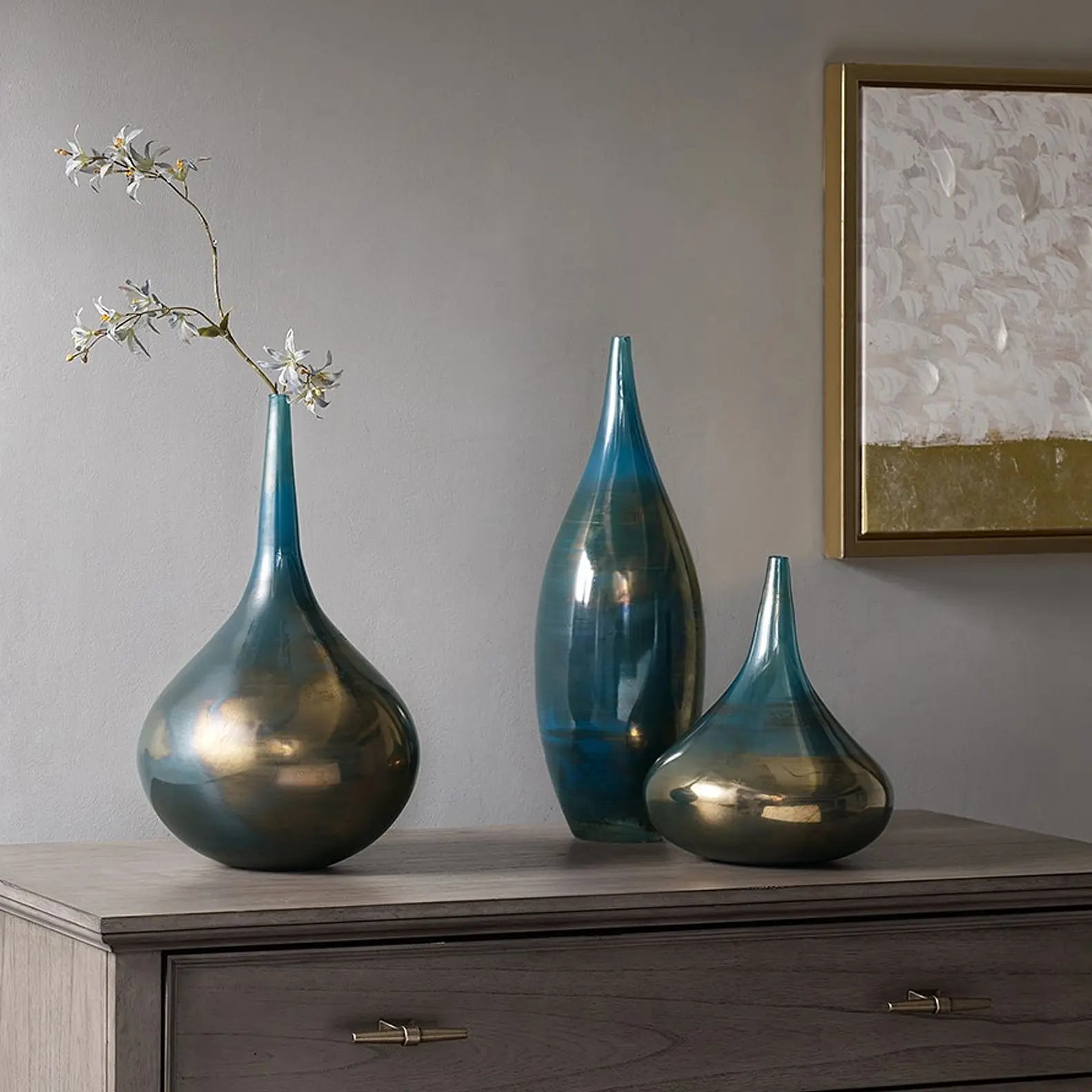 ARCH Blue and Bronze Decorative Glass Vases Set of 3 Art Glass Flower Vase for Home Decor Centerpiece Table Shelf Living Room Mantel Wedding Party Gift, Modern Elegant Home Furnishings and Household Decorative Accessories for US Online Shopping