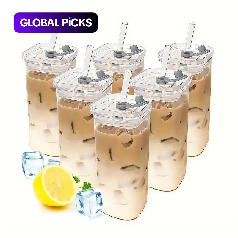 1/2/4/6 Counts Drinking Cups, Glass Cup Set, High-Borosilicate Thin Rectangular Heat-Resistant Glass Mug with Lid and Straw, Stylish Glass Cups, Versatile for Hot or Cold Beverages, Drinkware, Durable Glassware, Glass Iced Coffee Cups #GLOBAL PICKS